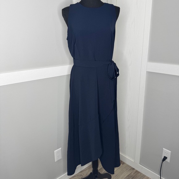 Anne Klein Dresses & Skirts - Anne Klein Midi Dress Womens 4 Navy Blue Sleeveless Belted Asymmetrical